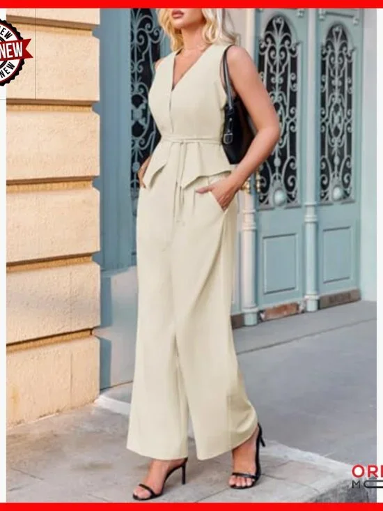 V-Neck Tie-Waist Blazer Vest & Wide Leg Pants Business Casual Set - Picture 6 of 7